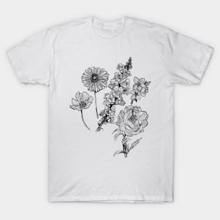 Flower Sketch Illustration - Gerbera, Snapdragon, Rose, Plum Blossom, Cosmos T-Shirt